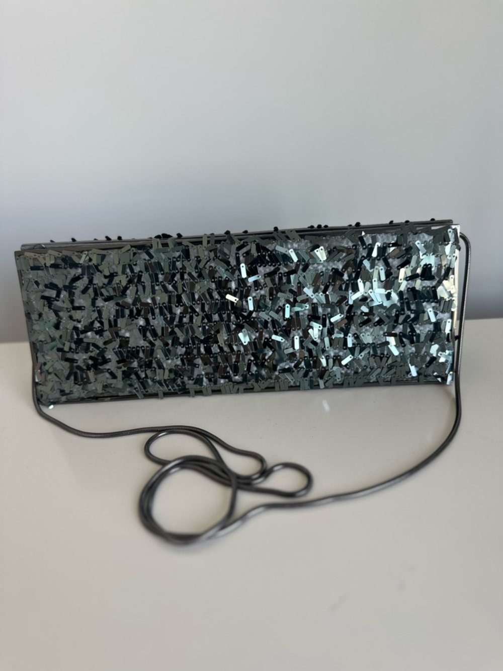 BCBGMaxAzria Silver Sequin Rectangular Evening Clutch / Crossbody Bag